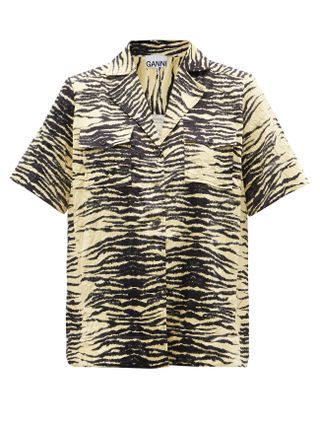 Ganni + Cuban-Collar Zebra-Print Crinkled-Twill Shirt