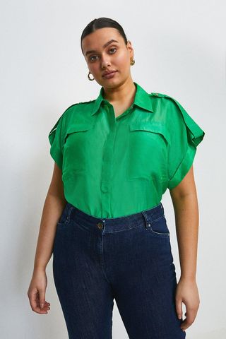 Karen Millen + Curve Silk Cotton Short Sleeved Shirt With Pockets