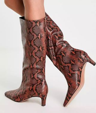 Asos Design + Wide Fit Candid Pull on Mid-Heeled Kee Boots in Tan Snake