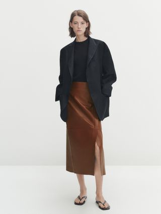 Massimo Dutti + Nappa Leather Midi Pencil Skirt