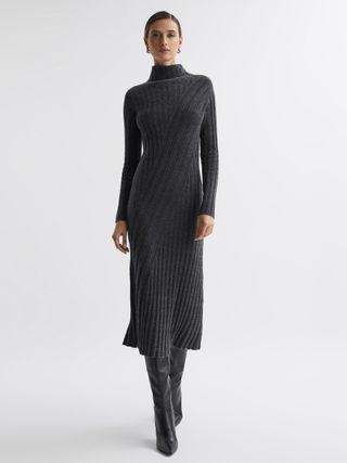 Reiss + Charcoal Cady Fitted Knitted Midi Dress