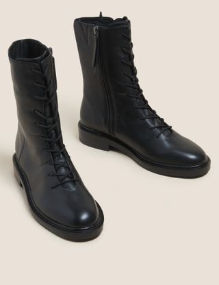 Marks and Spencer + Leather Biker Lace Up Boots