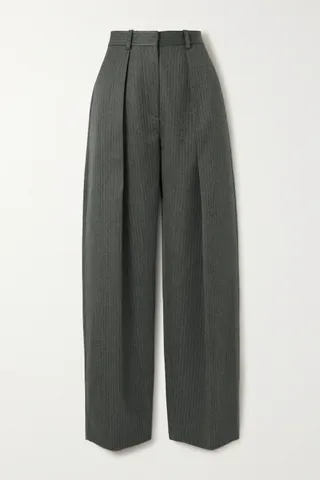 Victoria Beckham + Pinstriped Herringbone Wool Wide-Leg Pants