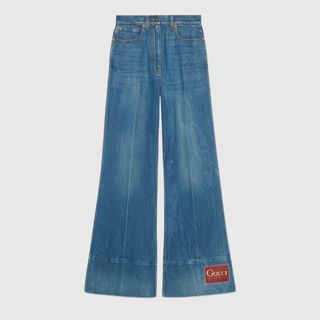 Gucci + Washed Denim Flare Pants With Gucci Label
