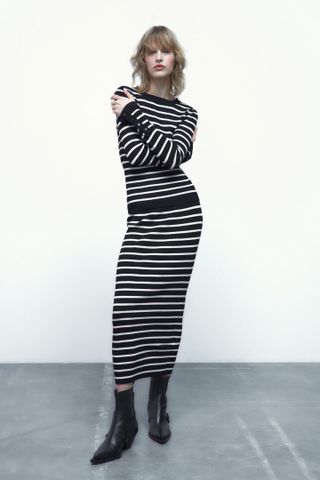 Zara + Striped Knit Midi Skirt