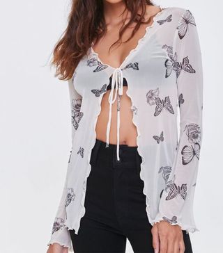 Forever 21 + Butterfly Print Self-Tie Top
