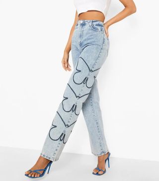 Boohoo + Butterfly Embroidered Detail Boyfriend Jeans