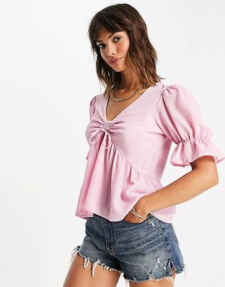 ASOS Design + Ruched Front Peplum Top With Puff Sleeve in Blush