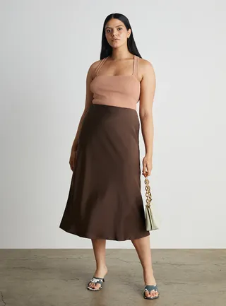 Who What Wear Collection + Brianna Midi Slip Skirt in Chocolate