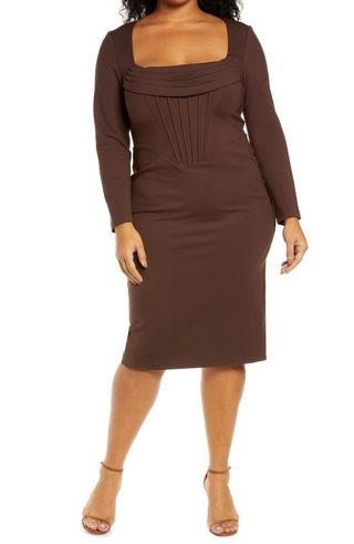 Lavish Alice + Cowl Neck Corset Long Sleeve Ponte Midi Dress