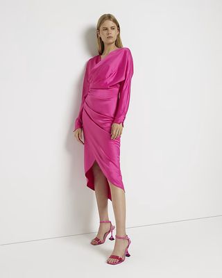 River Island + Pink Satin Wrap Midi Dress