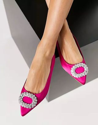 Asos Design + Laura Embellished Pointed Ballet Flats in Pink Satin