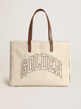 Golden Goose + East-West California Bag in White Faux Fur With Golden Lettering and Contrasting Handles