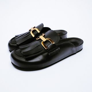 Zara + Buckled Fringed Leather Clogs