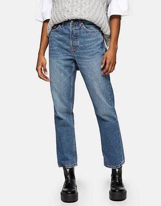 Topshop + Editor Straight Leg Jeans in Mid Wash Blue