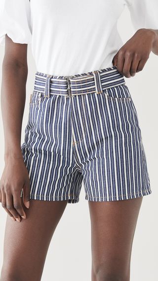 Ganni + Mixed Stripe Denim Shorts