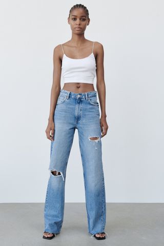 Zara + Wide-Leg Full-Length Ripped Jeans