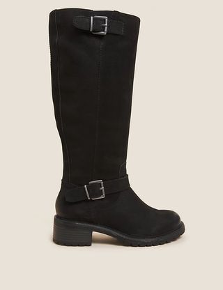 M&S Collection + Wide Fit Leather Chunky Knee High Boots