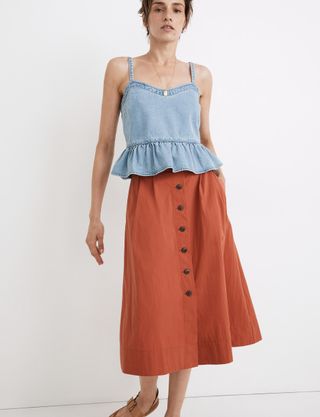 Madewell + Poplin Pleated Button-Front Midi Skirt