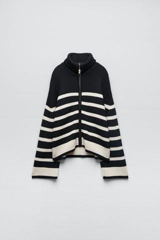 Zara + Zipper Striped Knit Cardigan