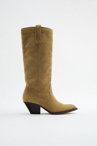 Zara + Knee High Split Leather Cowboy Boots