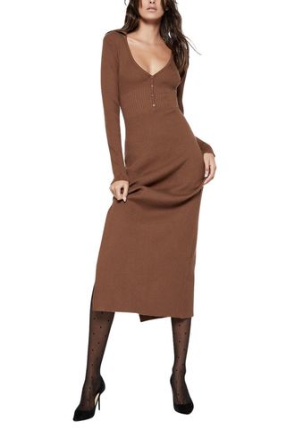 Bardot + Button Long Sleeve Rib Sweater Dress