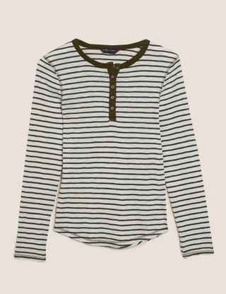 Marks and Spencer + Pure Cotton Striped Long Sleeve Henley Top