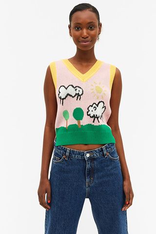 Monki + Knitted Pink Vest With Sheep
