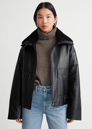 & Other Stories + Boxy Cropped Leather Shearling Jacket
