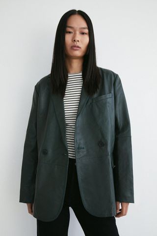 Warehouse + Real Leather Double Breasted Relaxed Blazer