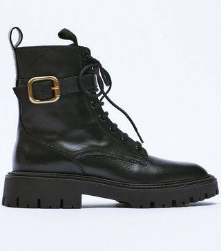 Zara + Leather Lace-Up Ankle Boots With Buckle