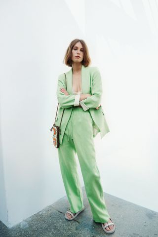 Zara + Linen Blend Printed Cuff Blazer