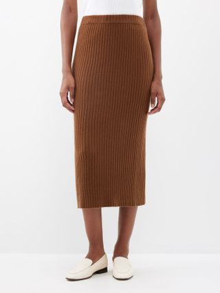 Allude + Ribbed-Knit Cashmere Midi Skirt
