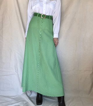 Vintage + 70s Green Gingham Print Maxi Skirt