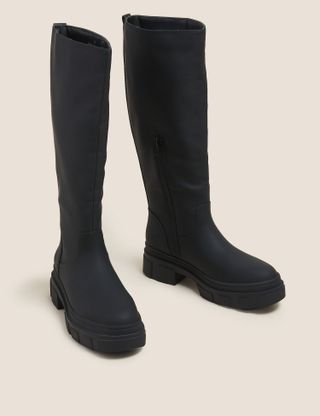 Marks and Spencer + Chunky Cleated Knee High Boots in Black