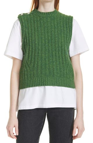 Ganni + Shoulder Button Recycled Wool Blend Sweater Vest
