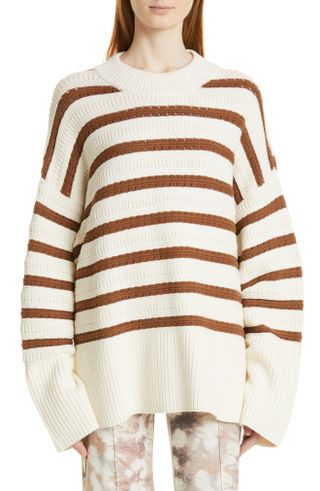 Samsøe Samsøe + Raili Stripe Open Stitch Organic Cotton & Wool Crewneck Sweater