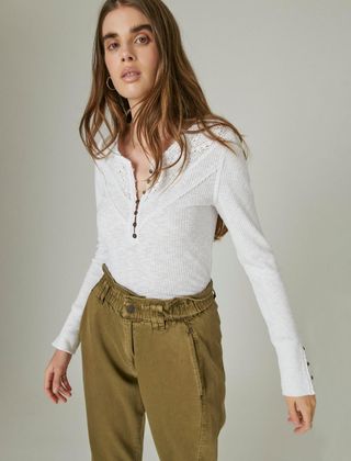 Lucky Brand + Lace Button Long Sleeve Knit Top