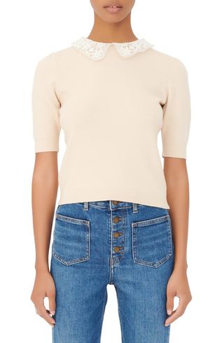 Maje + Embroidered Peter Pan Collar Wool Blend Sweater