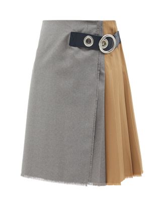 Marni + Asymmetric Pleated Wool-Hopsack Skirt
