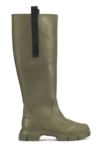 Ganni + Green Rubberised Knee-High Boots