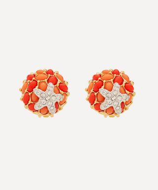 Kenneth Jay Lane + Gold-Plated Coral Resin Cabochon and Crystal Starfish Clip-On Earrings