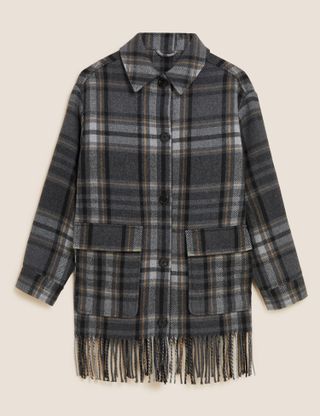 Marks and Spencer + Checked Fringed Shacket With Wool