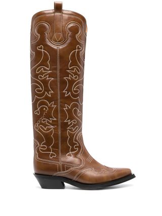Ganni + Knee-High Embroidered Western Boots