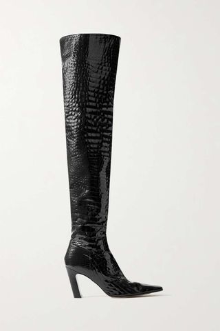 Khaite + Marfa Croc-Effect Leather Over-the-Knee Boots