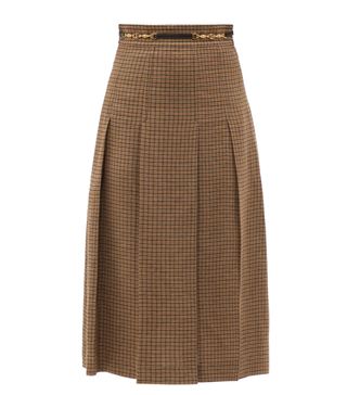 Gucci + Pleated Checked Linen Midi Skirt
