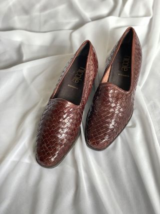 Vintage + Brown Woven Leather Shoes Loafers