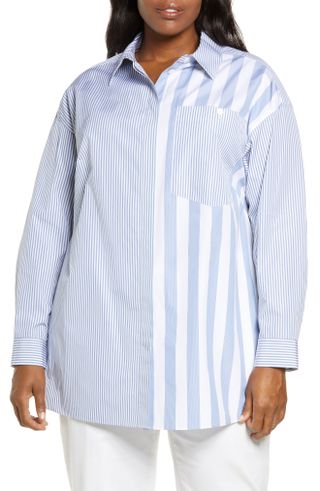 Lafayette 148 New York + Scout Mixed Stripe Oversize Cotton Poplin Shirt