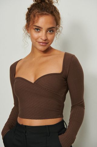 na-kd + Recycled Heart Neckline Wrap Top Brown