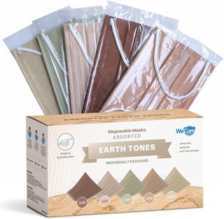 Wecare + Disposable Face Mask Individually Wrapped 50 Pack, Assorted Earth Tone Print Masks 3 Ply
